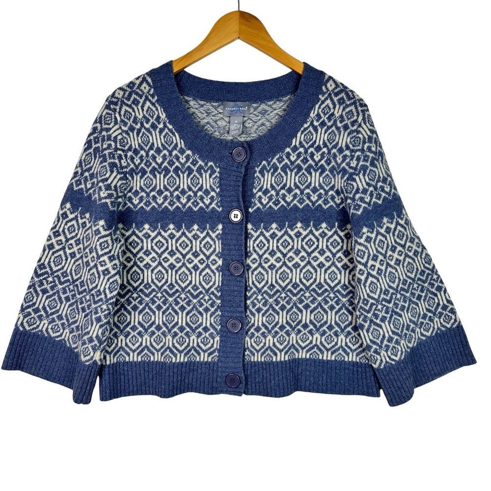 Carol Lee Reed Purple Fair Isle Cardigan Sweater Nordic 3/4 Sleeve Wool‎ Blend